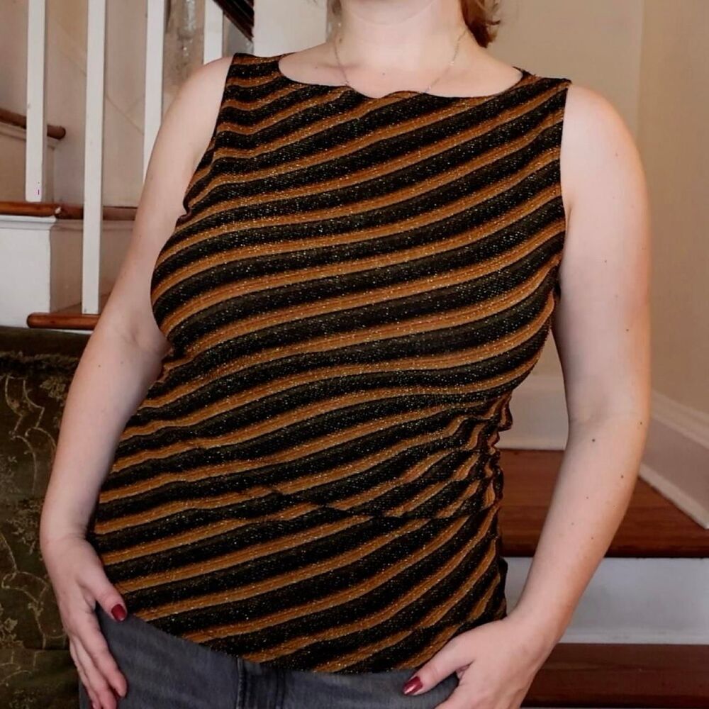 Y2K Boatneck Brown Black Striped Glittery Tank Sz Large Whimsigoth 90s Indie Alt